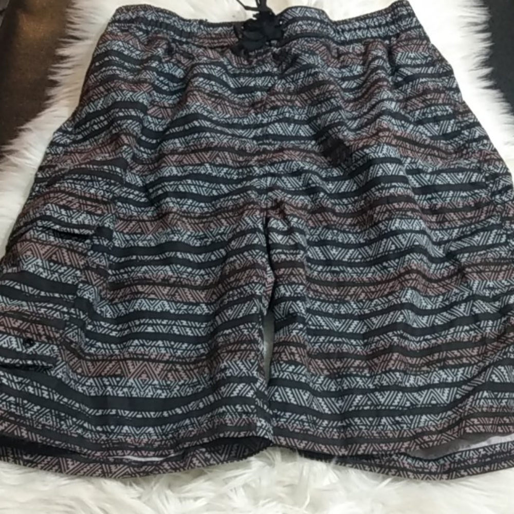 Try Cal men's blue and brown tribal swim shorts